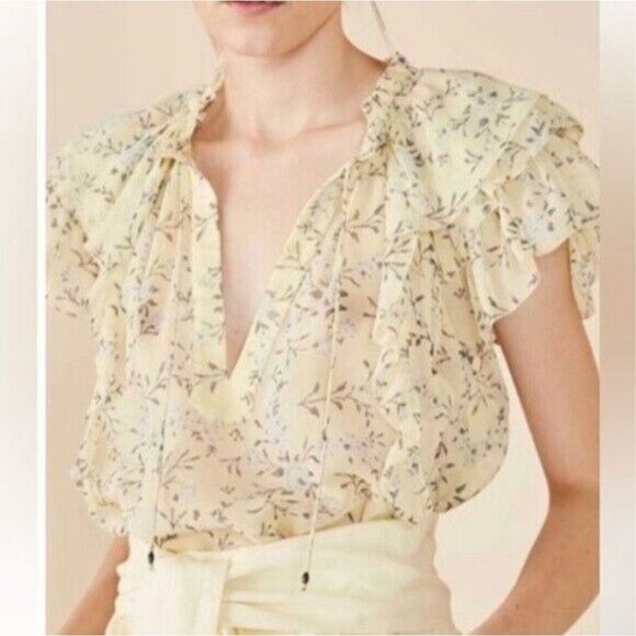 Ulla Johnson Tops - Ulla Johnson Women's Silk Blouse Floral Rooney‎ Acacia Ruffle Yellow Size 0 XS